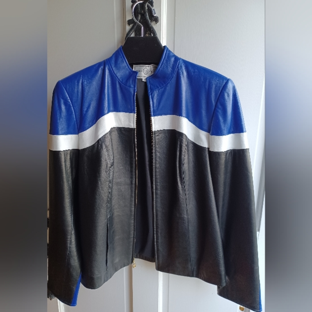 St John Sport Cobalt, Black and White Leather Jacket